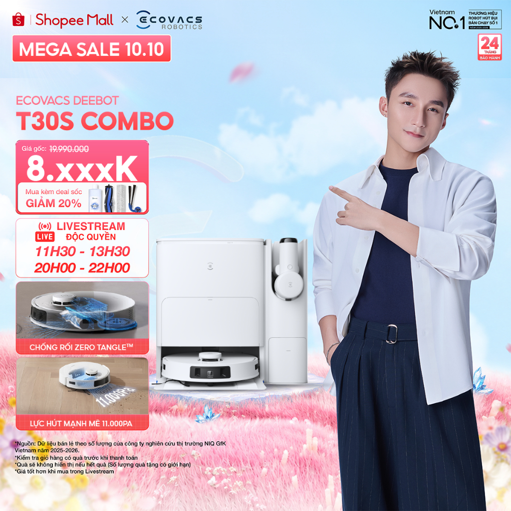 Ecovacs T30s Combo Robot hút bụi kết hợp máy hút bụi cầm tay | Lực hút 11.000Pa | Trạm OMNI toàn năng | BH 24 tháng