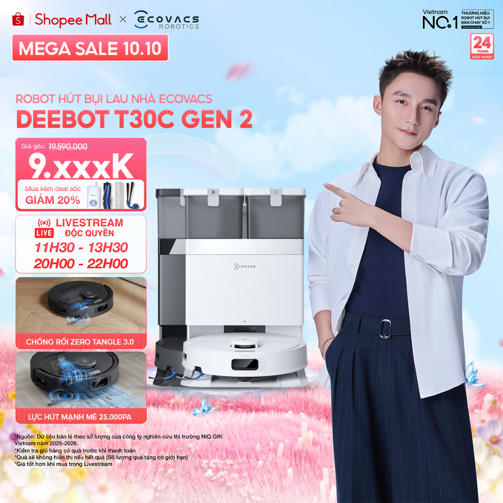Ecovacs Deebot T30C Gen 2 Robot hút bụi lau nhà | Lực hút 25.000Pa | Giặt giẻ nước nóng 75°C | Bảo hành 24 tháng