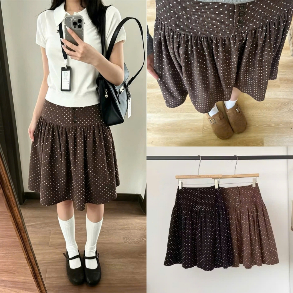 Chân váy polka dot nhung tăm chấm bi cạp cao dáng xòe lưng chun - V906
