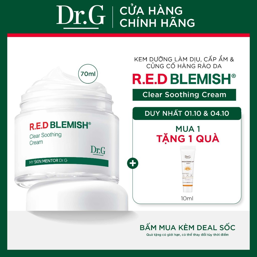Kem dưỡng Dr.G R.E.D Blemish Clear Soothing Cream DrG 70ml cấp ẩm, làm dịu và giúp củng cố hàng rào bảo vệ da