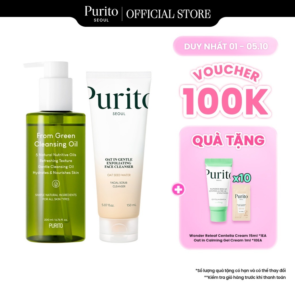 [PURITO Double Cleanse Duo] From Green Cleansing Oil 200ml + Oat In Gentle Exfoliating Face Cleanser 150ml