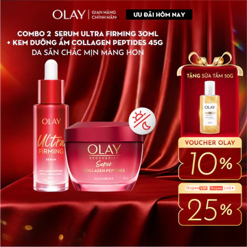 [MỚI] Combo Kem Dưỡng Ẩm OLAY Super Collagen Peptides + Serum OLAY Ultra Firming Giúp Da Săn Chắc Mịn Màng (45G + 30ML)