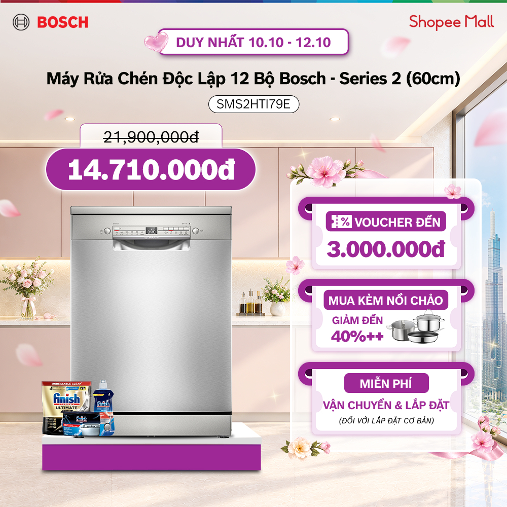 DUY NHẤT 1.10 | Voucher Shopee lên đến 3tr | Máy Rửa Chén Độc Lập 12 Bộ Bosch SMS2HTI79E - Series 2 (60cm)