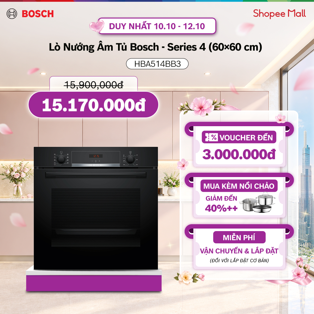 DUY NHẤT 1.10 | Voucher Shopee lên đến 3tr | Lò Nướng Âm Tủ Bosch HBA514BB3 – Series 4 (60×60 cm) – Màu Đen ()