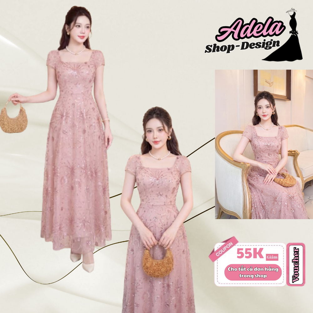Váy Dự Tiệc ADELA DESIGN Tuyn Thêu Cao Cấp Hồng Phấn Cổ Vuông Xòe Công Chúa Họa Tiết Thêu Nổi MDU6913