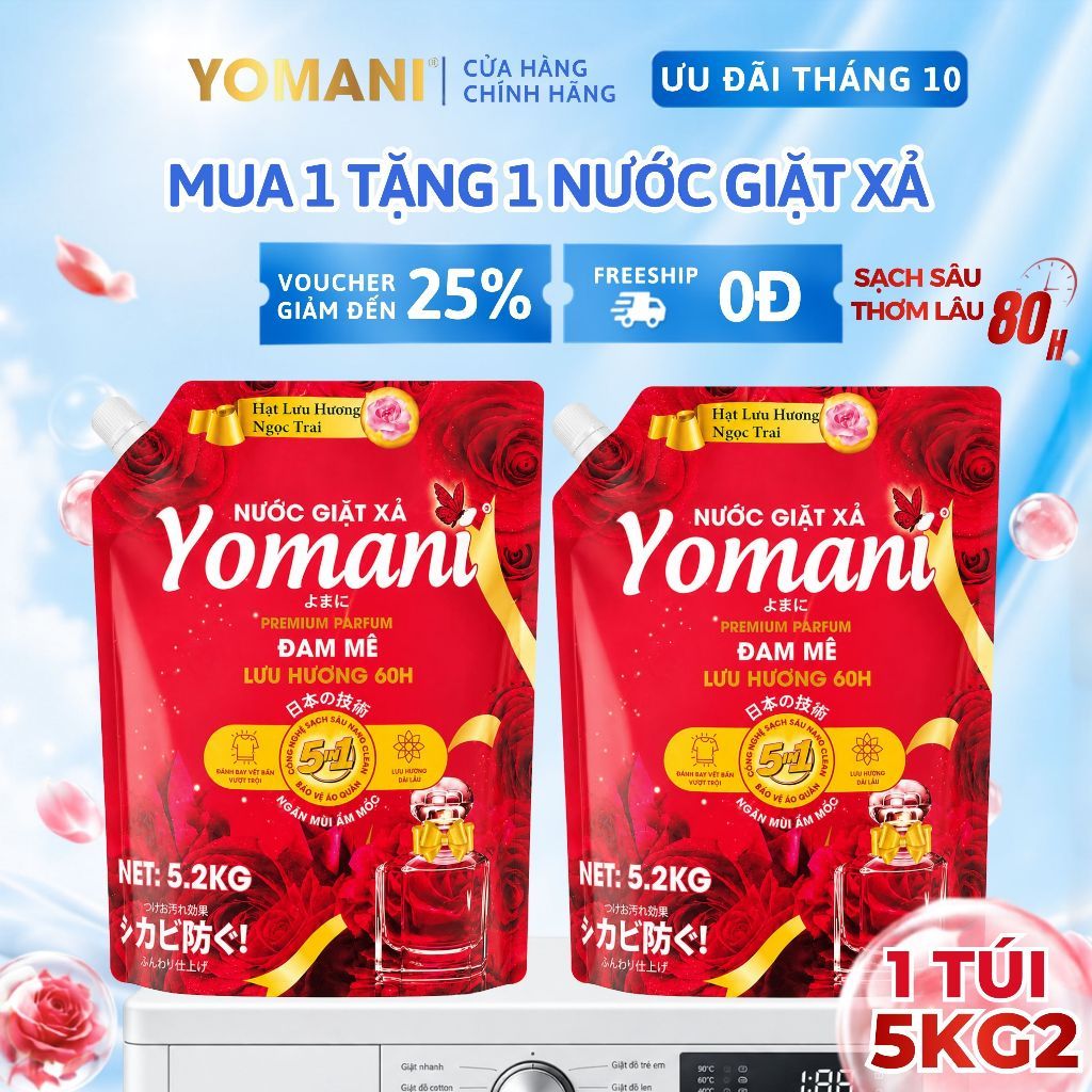[2 BỊCH 10KG4] Nước Giặt YOMANI 5KG2- Hương Nước Hoa Lưu Hương 80H, Giặt Sạch Sâu, Dung Tích Lớn Tiết Kiệm, An Toàn