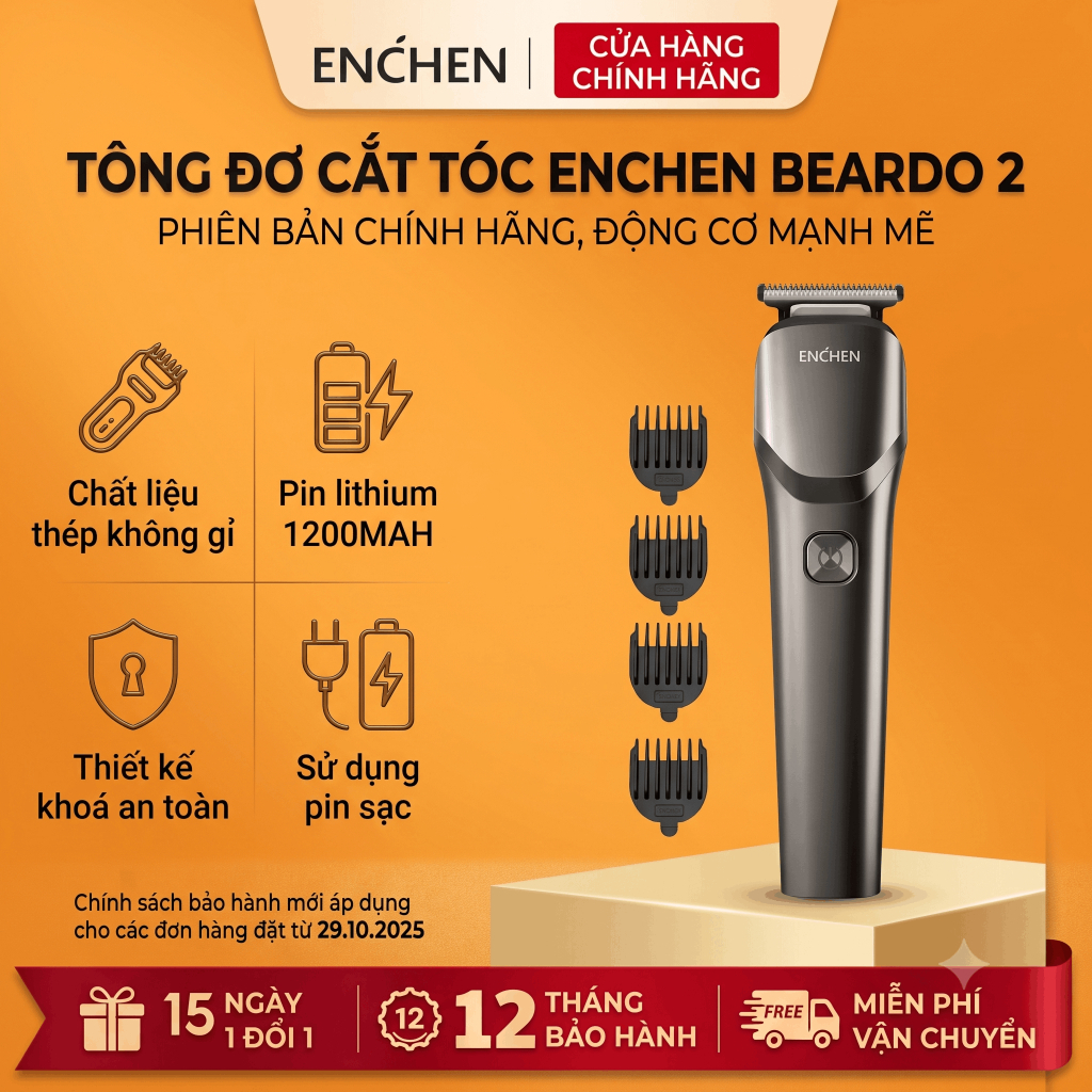 Tông đơ cắt tóc Enchen Beardo 2 tốc độ cao, lưỡi thép không gỉ, tặng 4 cử tạo kiểu - BH 12 tháng