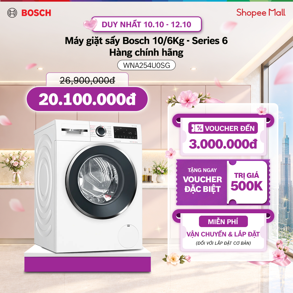 10.10 - 12.10 | Voucher Shopee lên đến 3tr | Máy giặt sấy Bosch 10/6Kg WNA254U0SG - Series 6 - Hàng chính hãng