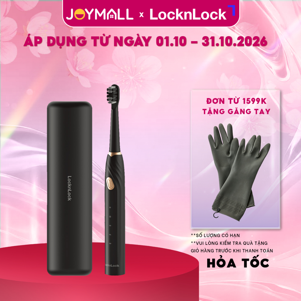 Bàn chải điện LocknLock ENR321BLK kèm hộp, Hàng chính hãng, 5 chế độ, có 4 đầu bàn chải - JoyMall
