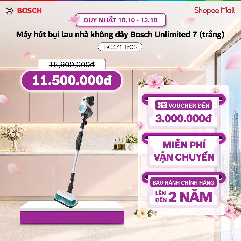 Máy hút bụi lau nhà không dây 2 in 1 Bosch BCS71HYG3 ProHygienic (trắng)