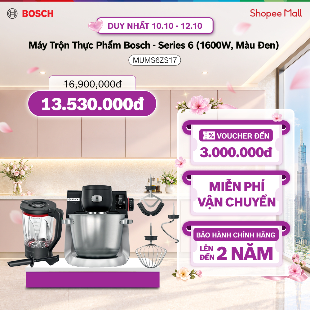 DUY NHẤT 1.10 | Voucher Shopee lên đến 3tr | Máy Trộn Thực Phẩm Bosch MUMS6ZS17 – Series 6 (1600W, Màu Đen)