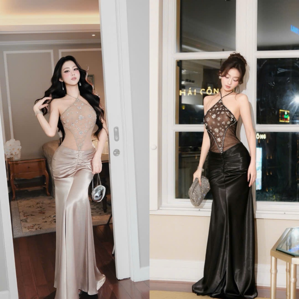 Đầm Cổ Yếm Đính Đá Xuyên Thấu Phối Chân Váy Lụa Nhún Sang Chảnh