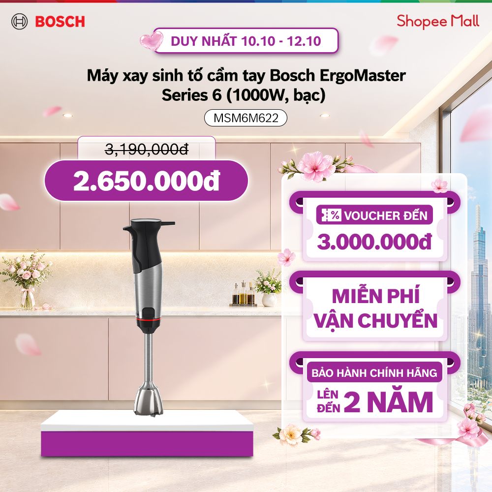Máy xay sinh tố cầm tay Bosch MSM6M622 Series 6 ErgoMaster 1000W (bạc)