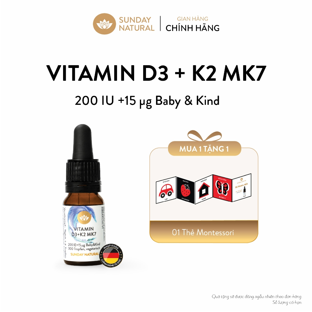 [1 HỘP] Vitamin D3&K2 MK7 200IE+15mg Baby & Kind hỗ trợ hấp thu canxi & phát triển xương răng cho bé 10ml
