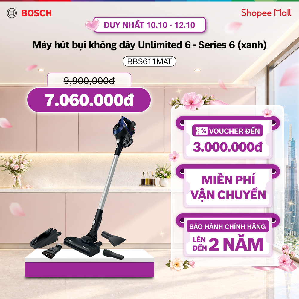 DUY NHẤT 1.10 | Voucher Shopee lên đến 3tr | Máy hút bụi không dây Bosch Unlimited 6 BBS611MAT - Series 6 (màu xanh)