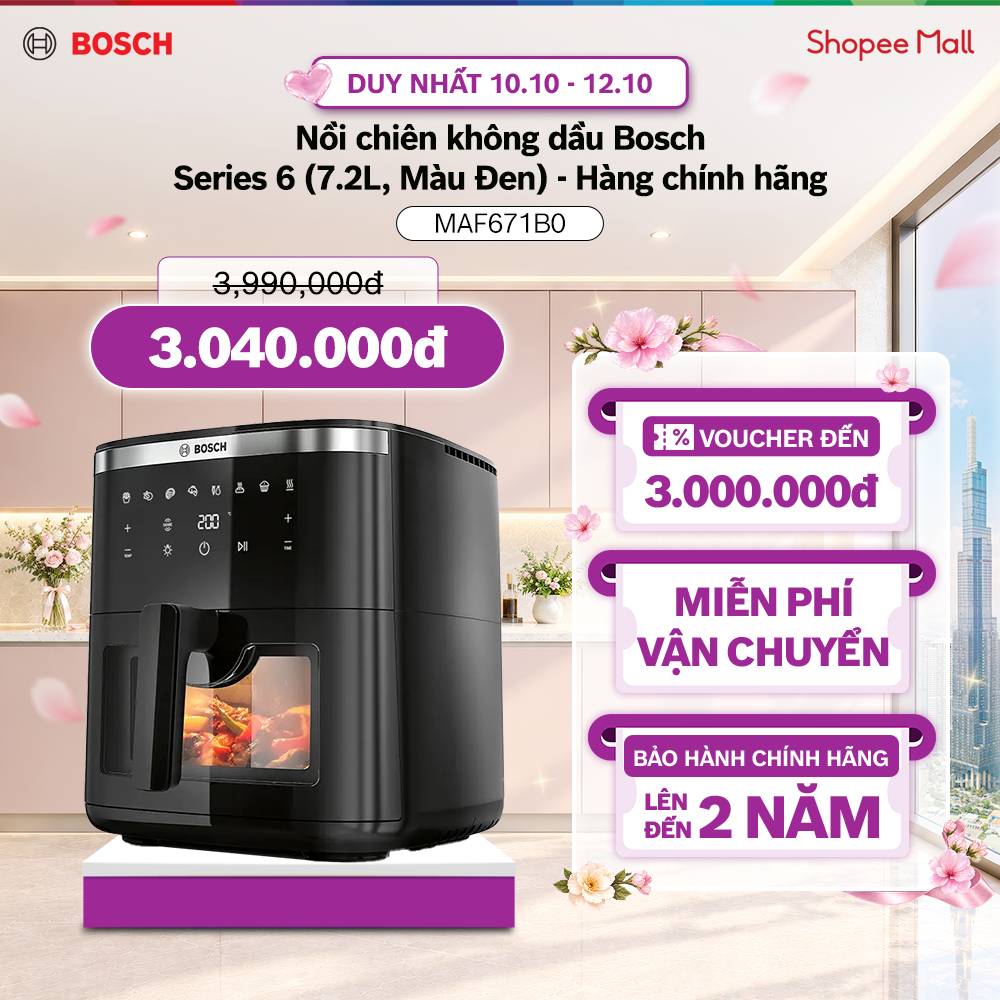 DUY NHẤT 1.10 | Voucher Shopee lên đến 3tr | Nồi chiên không dầu Bosch MAF671B0 – Series 6 (7.2L, Màu Đen) – 