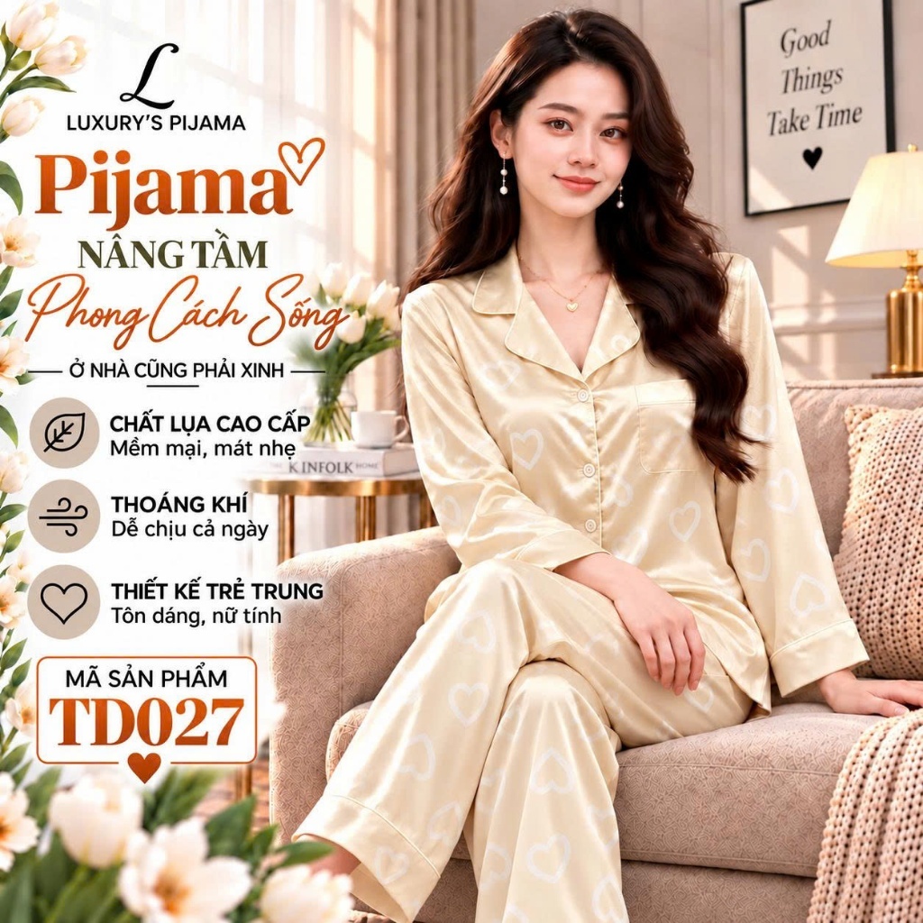 Đồ bộ LUXURY PIJAMA lụa latin cao cấp, mềm mịn sang trọng tay dài họa tiết trái tim vàng cam nhạt TD027