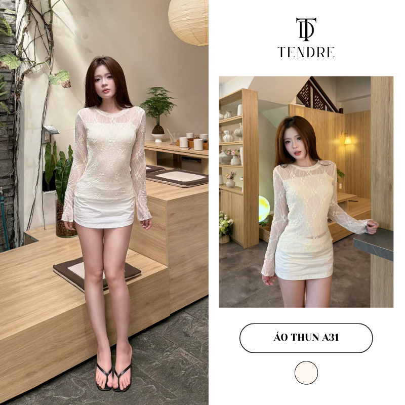 TENDRE - Áo Ren Thêu Hoa Nữ Dài Tay Cổ Tròn Dáng Ôm Tôn Dáng, Áo Ren Hoa Mỏng Nhẹ Dễ Phối Đồ Phong Cách Hàn Quốc A31