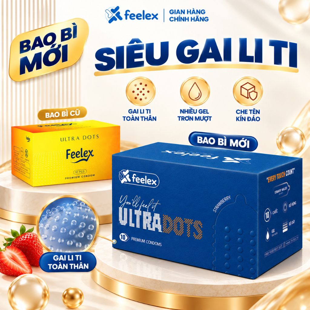 Bao cao su siêu gai li ti hương dâu Feelex Ultra Dots nhiều gel an toàn đem lại cảm giác mới lạ hộp 10 chiếc