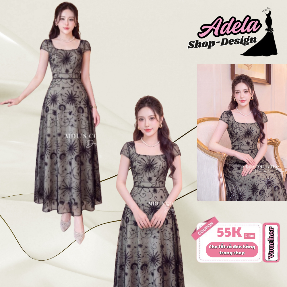 Váy Dự Tiệc ADELA DESIGN Tuyn Thêu Cao Cấp Màu Đen Cổ Vuông Tay Ngắn Xòe Công Chúa Họa Tiết Thêu Nổi MDU6721
