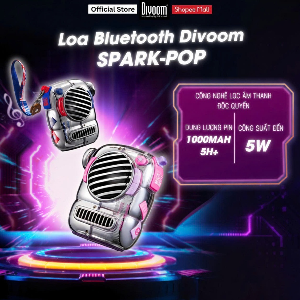 Loa cao cấp Divoom Spark-Pop, kết nối Bluetooth V5.3, công suất rời toàn dải 16 lõi 40mm tặng kèm dây đeo - BH 12 tháng