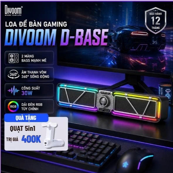 Loa Để Bàn Gaming Divoom D-Base 30W RGB, 2 Màng Bass, Âm Thanh 360°, Kết Nối Bluetooth v6.0 - Hàng Chính Hãng