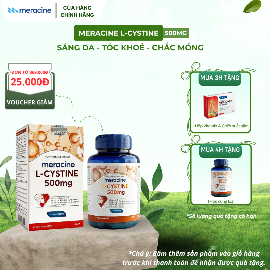 Viên uống Meracine L-Cystine 500mg giúp sáng da, hỗ trợ giảm nám, giảm rụng tóc và gãy móng (Lọ 60V))