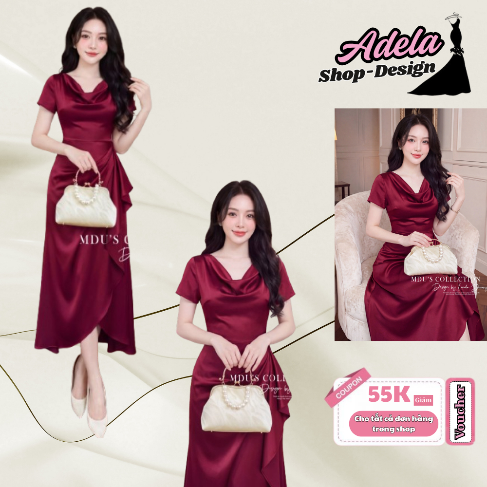 Váy Thiết Kế ADELA DESIGN Chất Lụa Satin Dáng Ôm Xếp Ly Thanh Lịch MDU6552