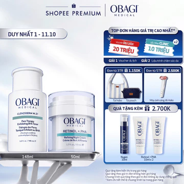 [Voucher SVIP 18%] Bộ đôi Kem Dưỡng Đêm Obagi Retinol + PHA 50ml và Toner Obagi Clenziderm M.D. Exfoliating 2% BHA 148ml
