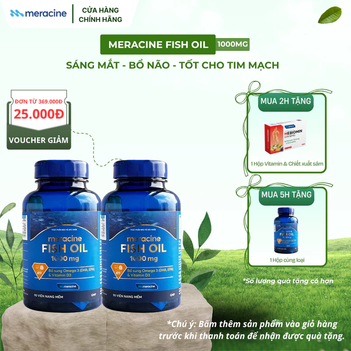 COMBO Viên Uống Dầu Cá Meracine Fish Oil 1000mg Bổ Sung Omega 3, Hỗ Trợ Sáng Mắt, Bổ Não, Bảo Vệ Tim Mạch (Hộp 90 Viên)
