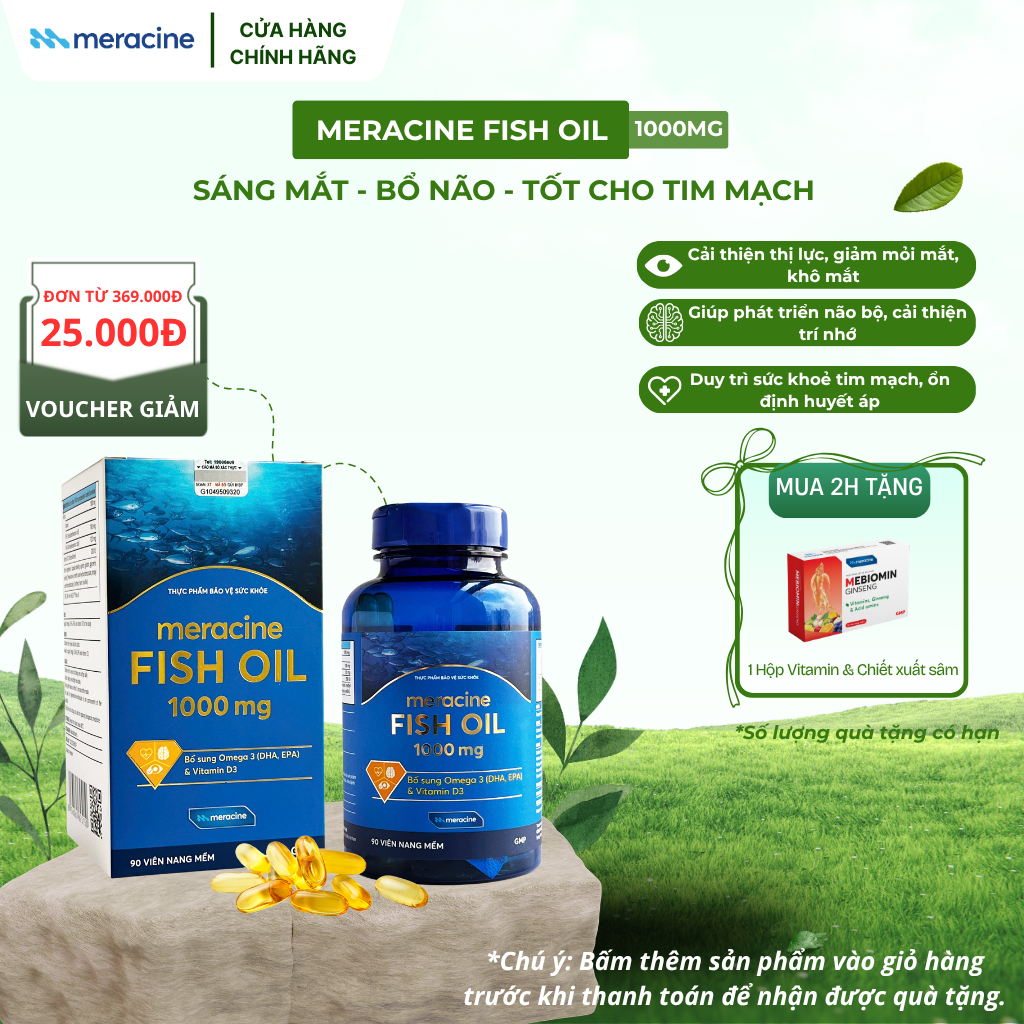 [LIVE KOL] Viên Uống Dầu Cá Meracine Fish Oil Bổ Sung Omega 3, Hỗ Trợ Sáng Mắt, Bổ Não, Bảo Vệ Tim Mạch Hộp 90 Viên