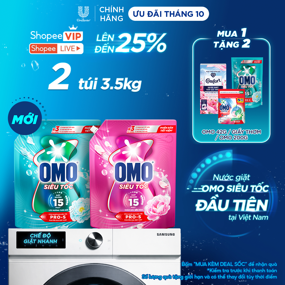 [MỚI] Combo 2 Nước giặt Omo Siêu Tốc đầu tiên tại Việt Nam được thiết kế dành riêng cho chu trình giặt nhanh | Túi 3.5KG