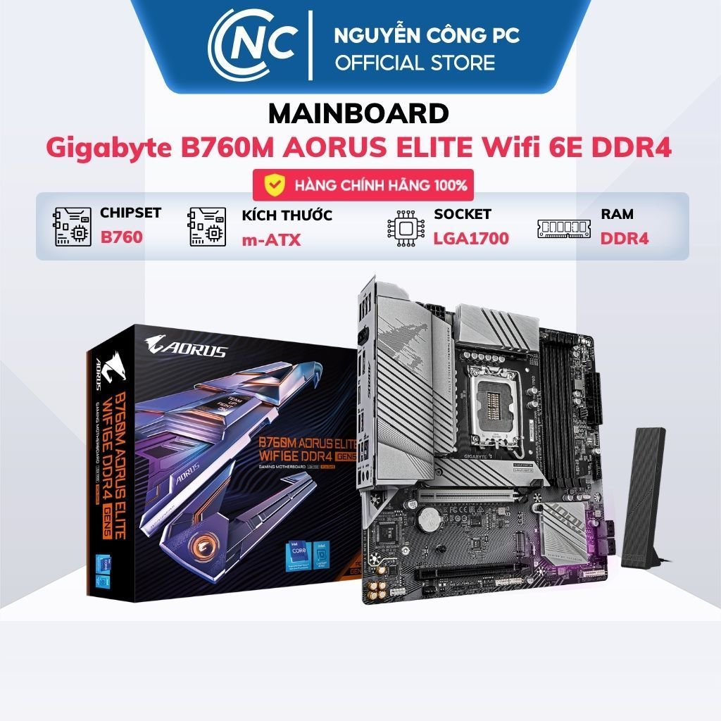Mainboard Gigabyte B760M AORUS ELITE Wifi 6E DDR4 Gen5 (LGA 1700, B760, M-ATX, Wi-Fi 6E) - Bảo hành 36 tháng