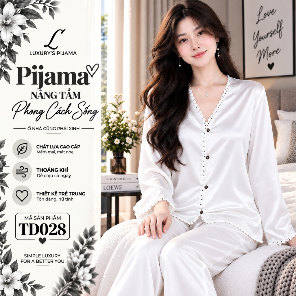 Đồ bộ LUXURY PIJAMA lụa latin cao cấp, mềm mịn sang trọng tay dài trơn phối ren TD028