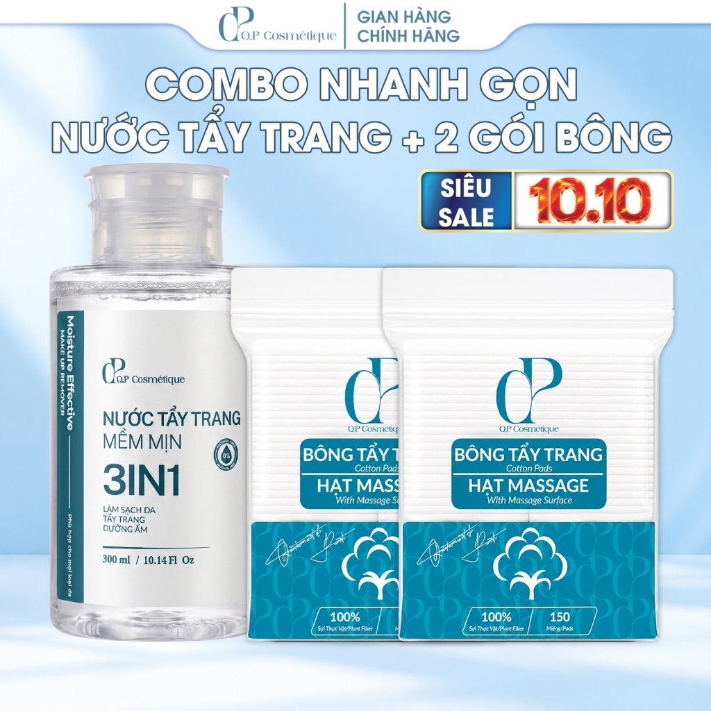 Combo Nhanh Gọn Nước Tẩy Trang + Bông Tẩy Trang Q.P Cosmétique | Làm Sạch Dịu Nhẹ Hằng Ngày