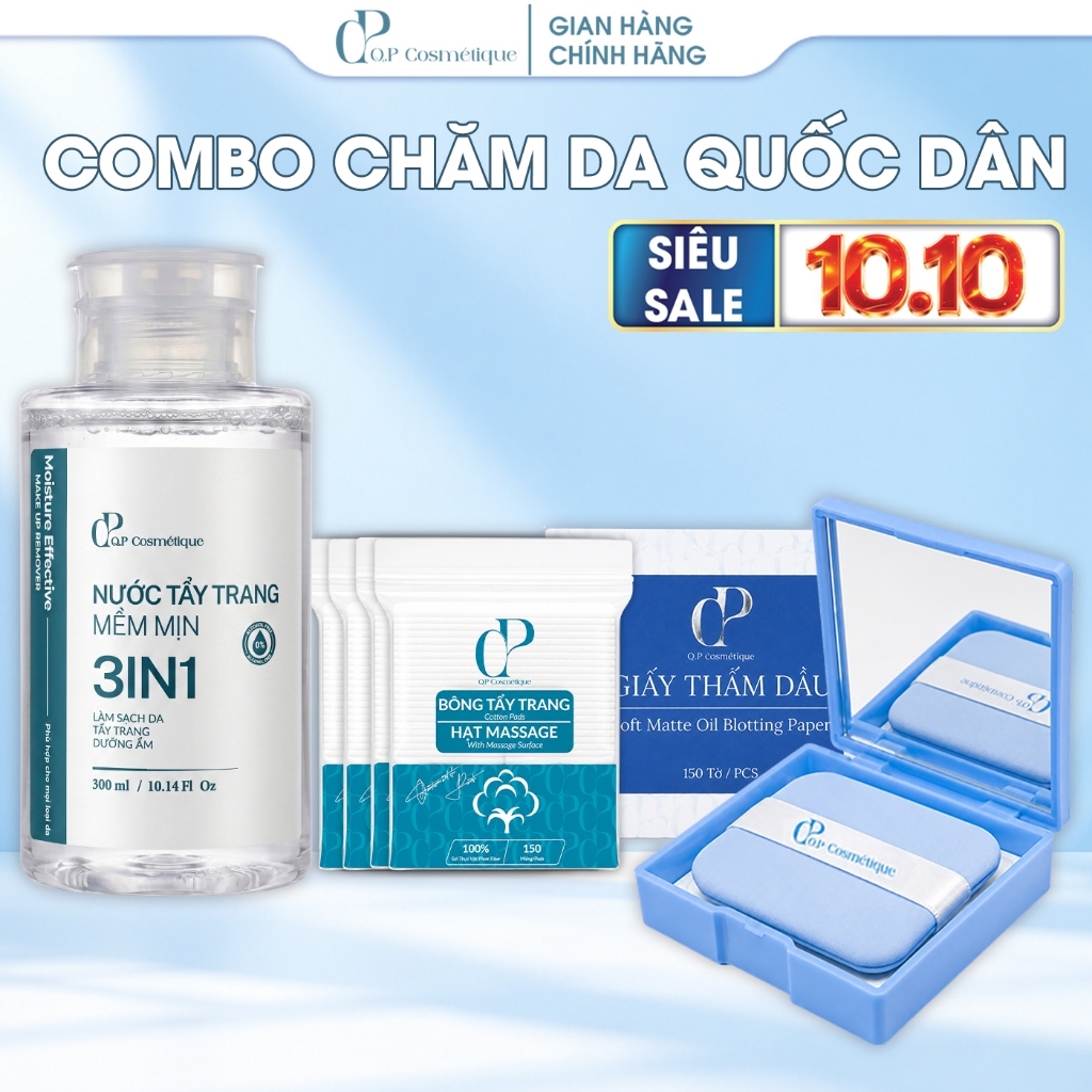 Combo Chăm Da Quốc Dân Q.P Cosmétique | Nước Tẩy Trang + Combo Bông Tẩy Trang + Hộp Giấy Thấm Dầu