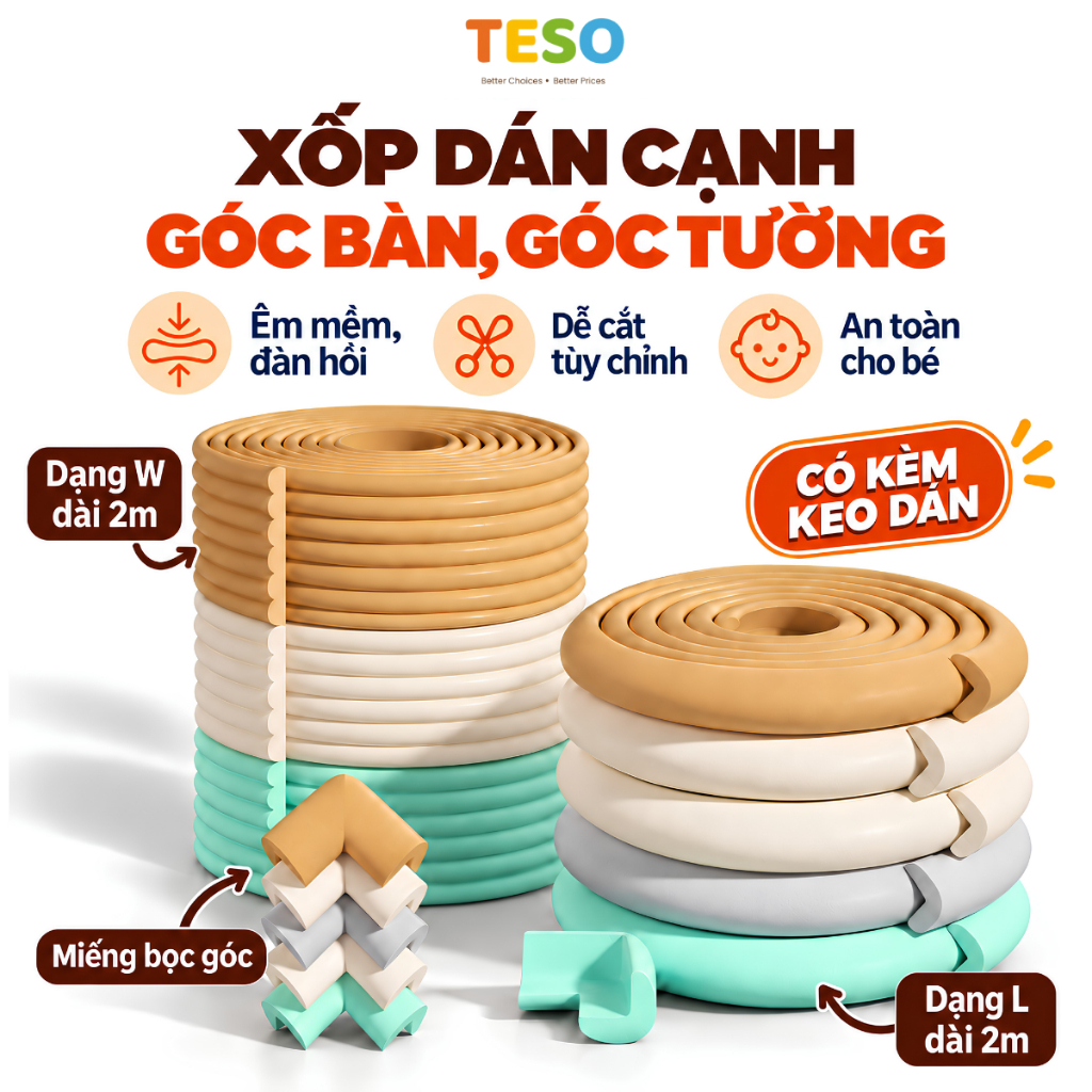 Xốp Dán Bọc Cạnh Bàn, Cạnh Tường TESO Chống Va Chạm - Mút Xốp Bọc Góc Bàn Ghế, Giường, Tủ - Dải Xốp Dán Tường, Cầu Thang