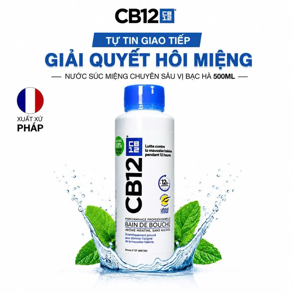 Nước Súc Miệng Kiểm Soát Hơi Thở 12H CB12 Mint Hương Bạc Hà 500ml - Khử Hôi Miệng - Không Cồn, Dịu Nhẹ