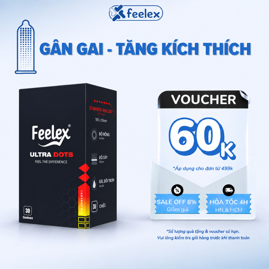 Hộp 30 bao cao su Feelex gân gai tăng khoái cảm, siêu mỏng, kéo dài thời gian, siêu tiết kiệm