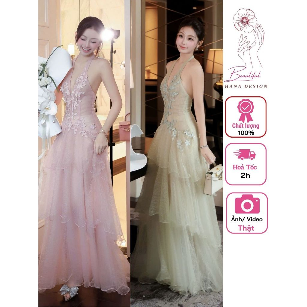 Đầm Cổ Yếm Dáng Dài Xếp Tầng Phối Ren Thêu Hoa 3D Chuẩn TRÂN ALI Xòe Công Chúa Đi Tiệc Sang Trọn