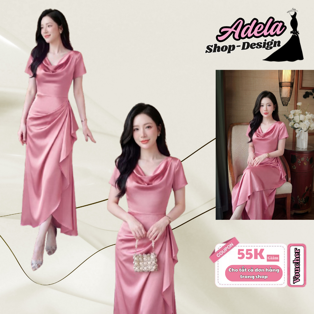 Váy Dự Tiệc ADELA DESIGN Lụa Twist Satin Cao Cấp Hồng Phấn Ôm Vừa Xếp Ly Cổ Trùng Ly Xẻ Tà MDU6951