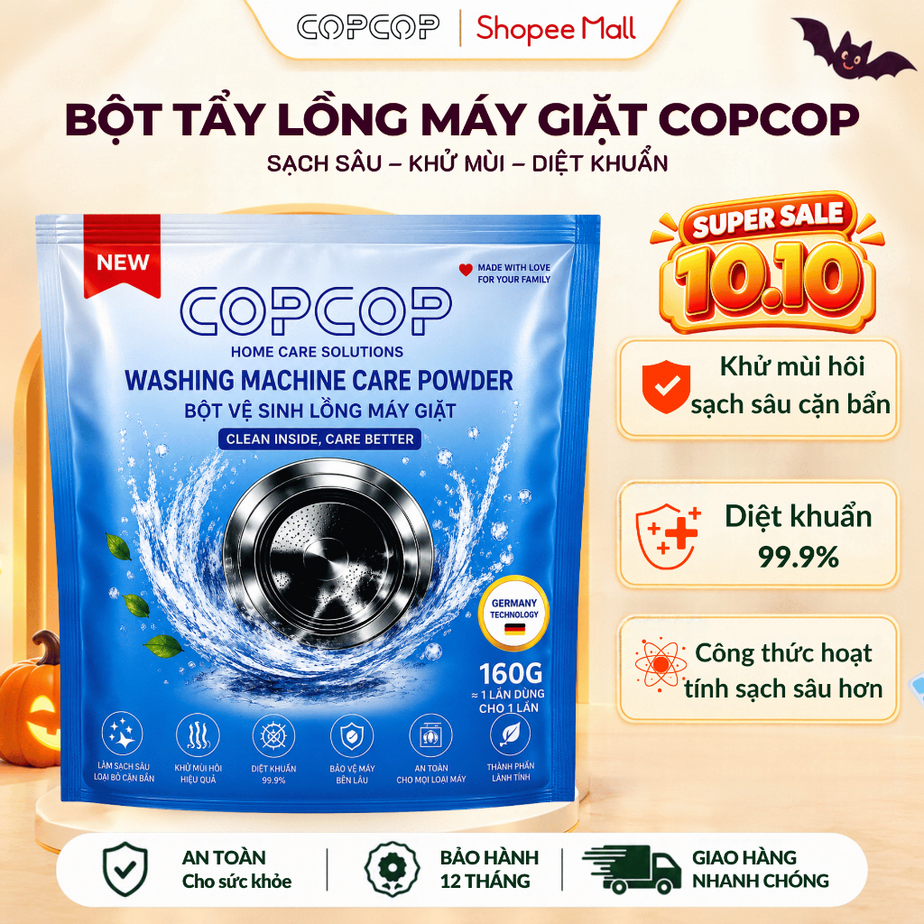 Bột Vệ Sinh Lồng Máy Giặt COPCOP 160G Khử Mùi Hôi, Diệt Khuẩn, Làm Sạch Cặn Bẩn, Hiệu Quả và An Toàn
