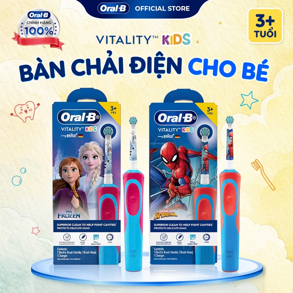 Bàn Chải Điện Cho Bé Chính Hãng Oral B Vitality Kids Spiderman/Elsa | An Toàn Cho Bé Lông Siêu Mềm, Sạch Sâu | 3+ Tuổi