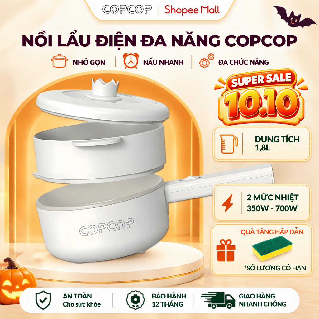Nồi lẩu điện đa năng COPCOP nồi lẩu dung tích 1.8L tặng kèm khay hấp tiện lợi bảo hành 12 tháng