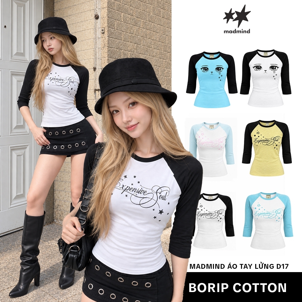 MADMIND Áo Nữ Thun Borip Có Chiết Eo Tay Lửng RagLan Form Baby In Kiểu Phong Cách Y2K D17 - Đen, Xanh, Xanh Baby, Vàng