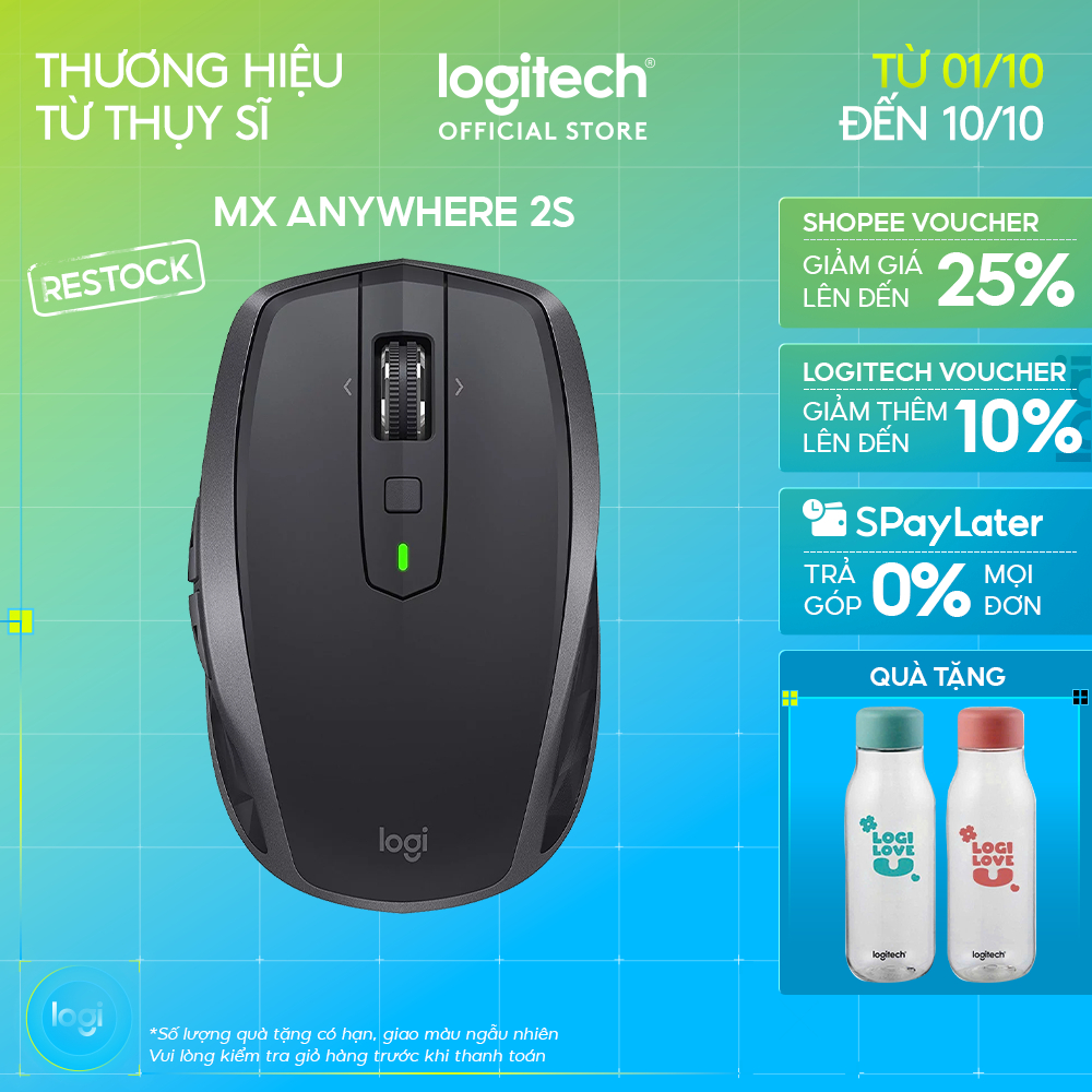 Chuột không dây Bluetooth Logitech MX Anywhere 2s - Nhỏ gọn, pin sạc, MacOS/ Laptop (Không kèm USB)