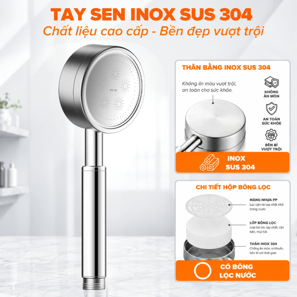 Vòi sen tăng áp Inox 304 siêu bền, tay sen tăng áp tiết kiệm nước, chất liệu Inox 304 - TS023