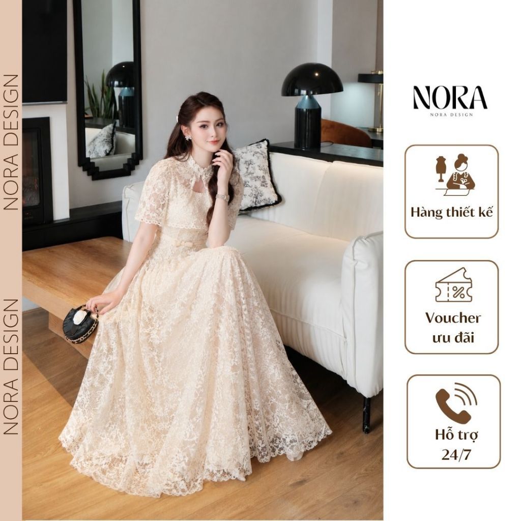 Set Váy Ren Dự Tiệc NORA, Đầm Dài Kèm Áo Choàng Cape Cổ Tàu Xẻ Giọt Lệ Kèm Đai Nơ Lót Lụa Đi Cưới Sang Chảnh T676