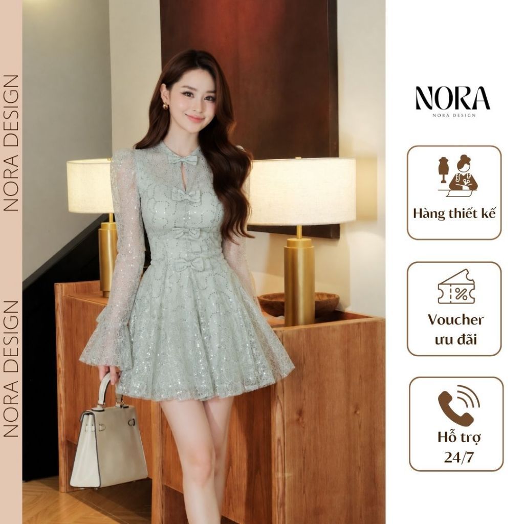 Váy Ren Kim Sa Dự Tiệc NORA, Đầm Ngắn Cổ Tròn Xẻ Giọt Lệ Đính Nơ Dáng Xòe Bồng Lót Lụa T681