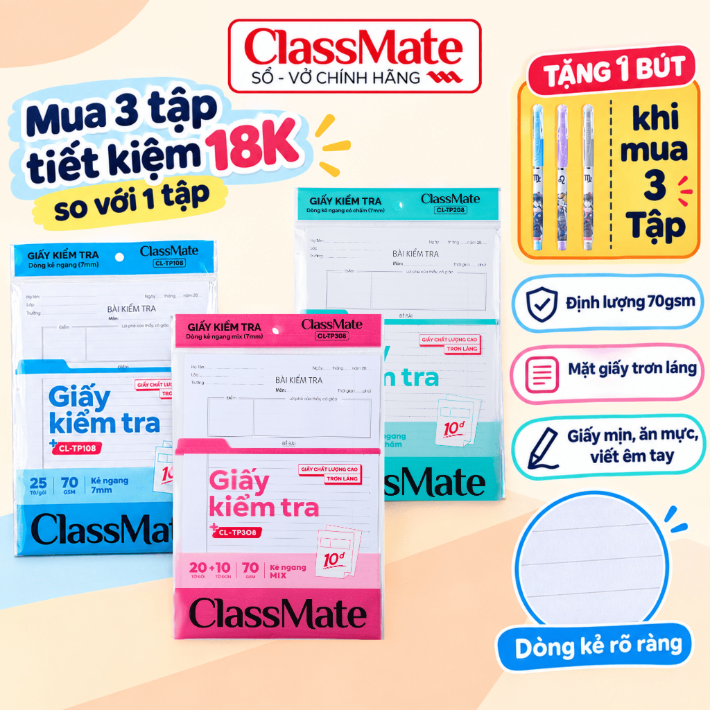 Set 25/30 Tờ Giấy Kiểm Tra B5 Kẻ Ngang Cấp 2, 3 ClassMate 70gsm Giấy Cao Cấp Mịn, Ăn Mực, Viết Êm Tay, Dòng Kẻ Rõ Ràng